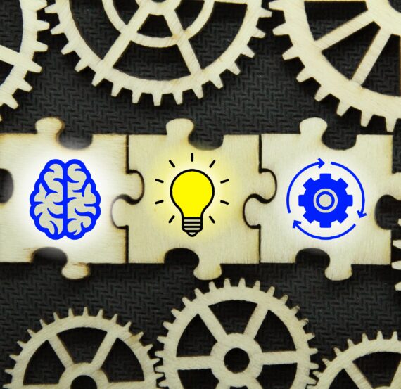 puzzle with brain, idea and management icons.