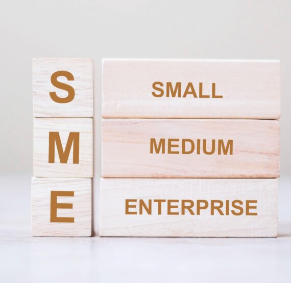 SME text (Small Medium Enterprise) wooden cube blocks